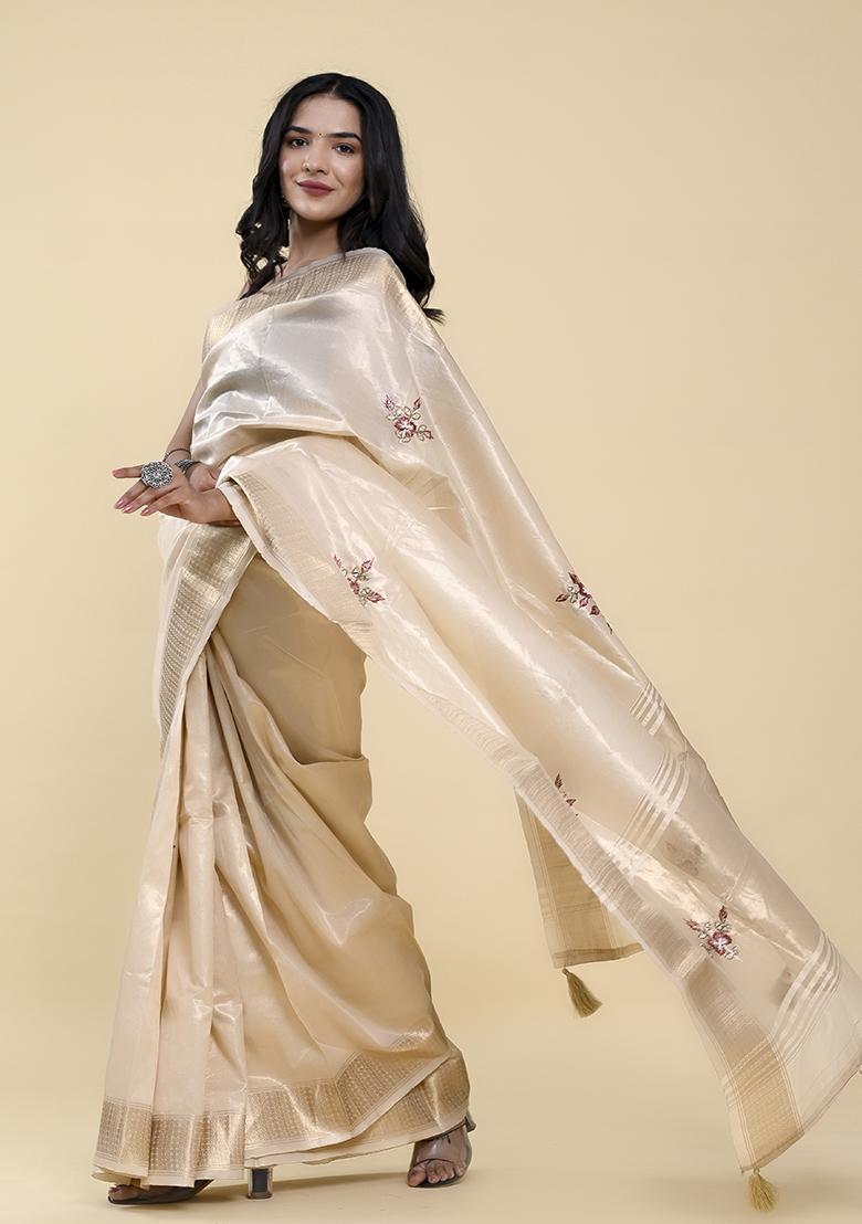 Cream Pearl Thread Embroidered Cotton Jacquard Saree Set