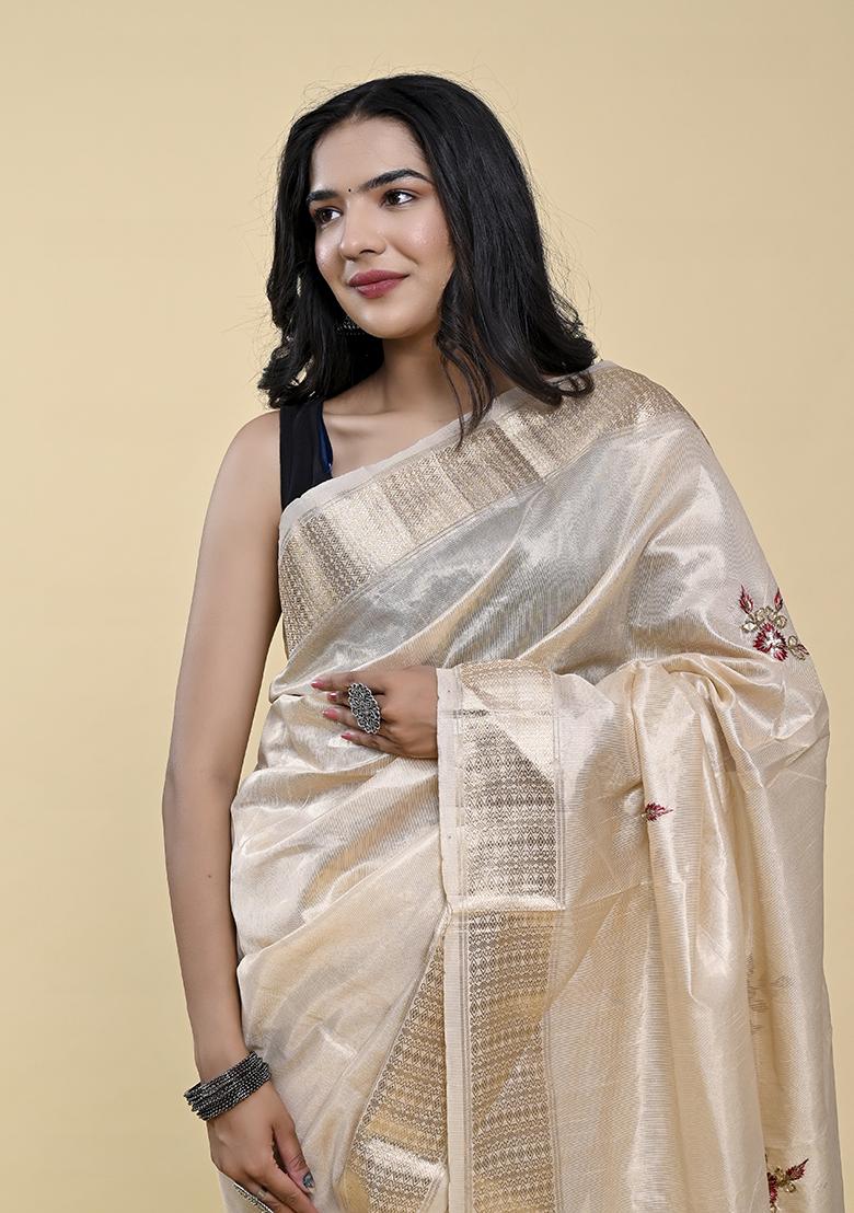Cream Pearl Thread Embroidered Cotton Jacquard Saree Set