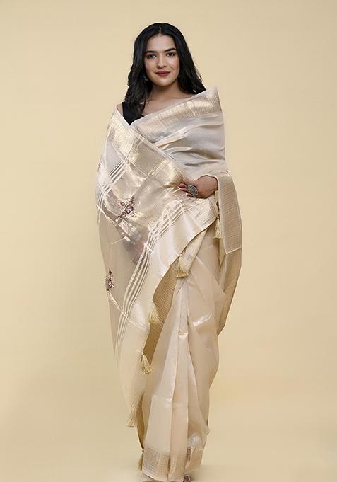Cream Pearl Thread Embroidered Cotton Jacquard Saree Set