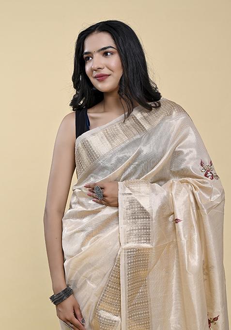 Cream Pearl Thread Embroidered Cotton Jacquard Saree Set