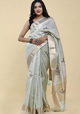 Aqua Blue Pearl Thread Embroidered Cotton Jacquard Saree Set