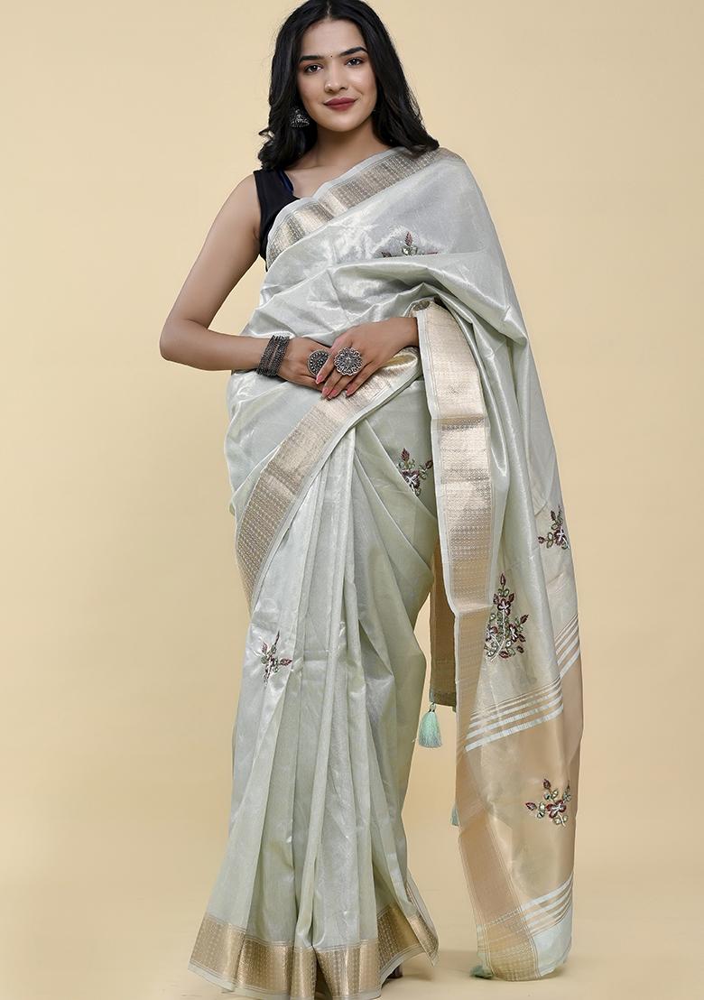 Aqua Blue Pearl Thread Embroidered Cotton Jacquard Saree Set