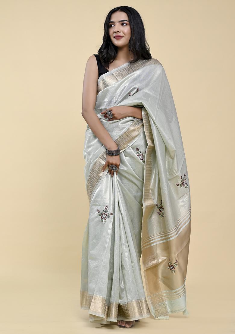 Aqua Blue Pearl Thread Embroidered Cotton Jacquard Saree Set