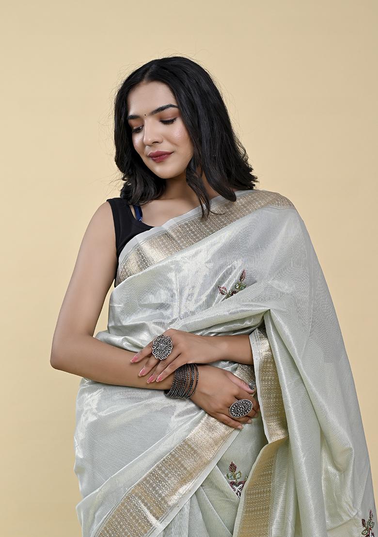 Aqua Blue Pearl Thread Embroidered Cotton Jacquard Saree Set