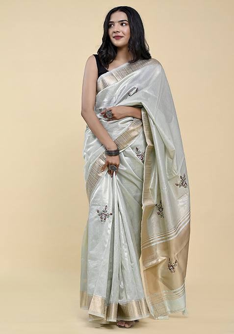 Aqua Blue Pearl Thread Embroidered Cotton Jacquard Saree Set