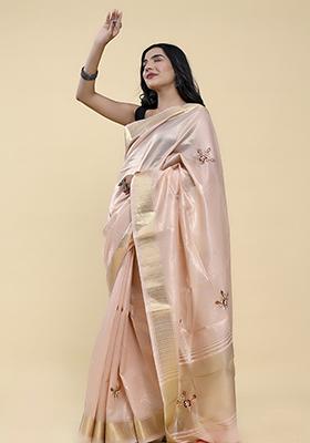 Baby Pink Pearl Thread Embroidered Cotton Jacquard Saree Set