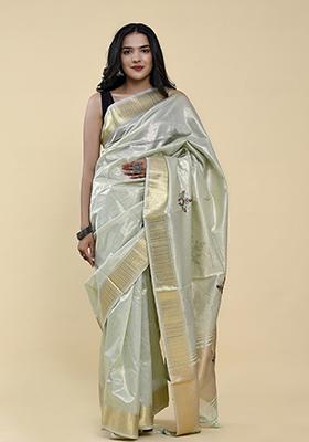 Sea Green Pearl Thread Embroidered Cotton Jacquard Saree Set