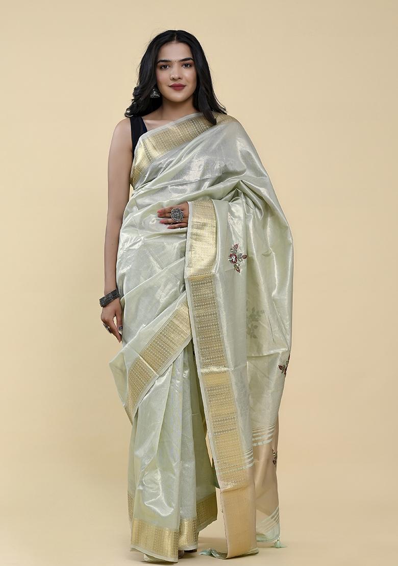 Sea Green Pearl Thread Embroidered Cotton Jacquard Saree Set