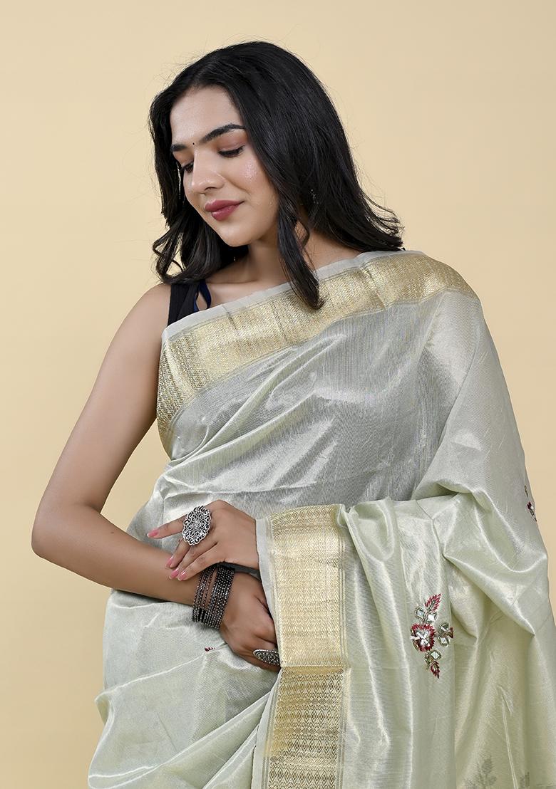Sea Green Pearl Thread Embroidered Cotton Jacquard Saree Set