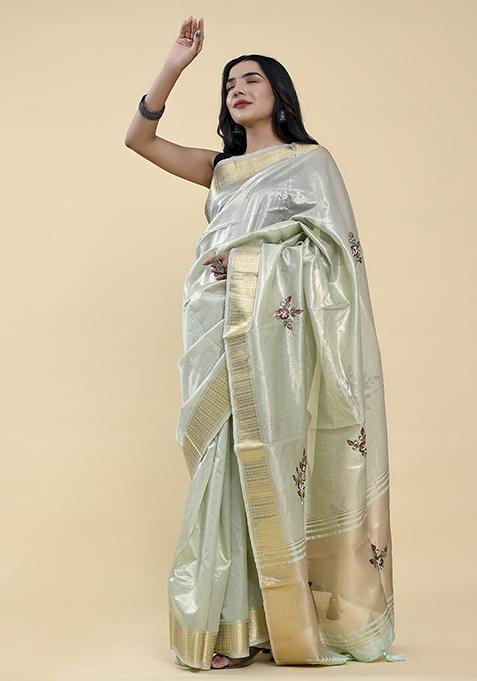 Sea Green Pearl Thread Embroidered Cotton Jacquard Saree Set