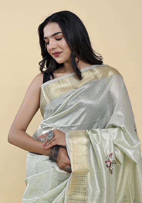 Sea Green Pearl Thread Embroidered Cotton Jacquard Saree Set