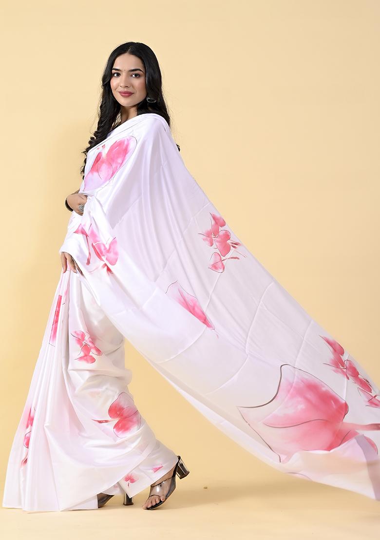White And Pink Floral Digital Print Satin Silk Saree Set