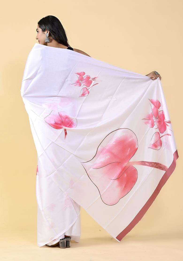 White And Pink Floral Digital Print Satin Silk Saree Set