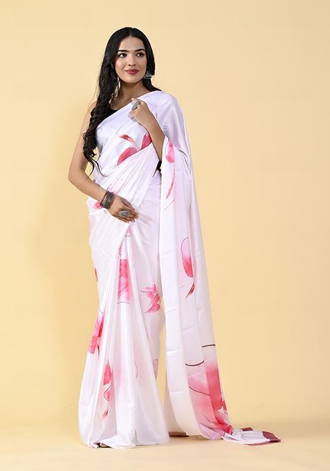 White And Pink Floral Digital Print Satin Silk Saree Set