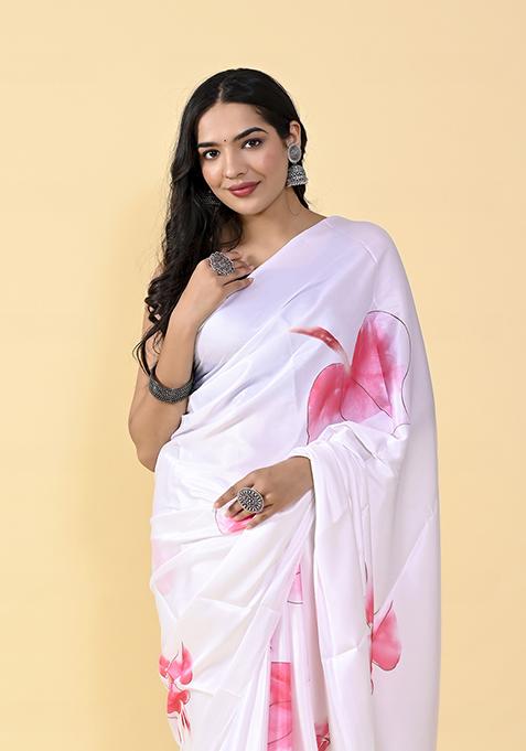 White And Pink Floral Digital Print Satin Silk Saree Set