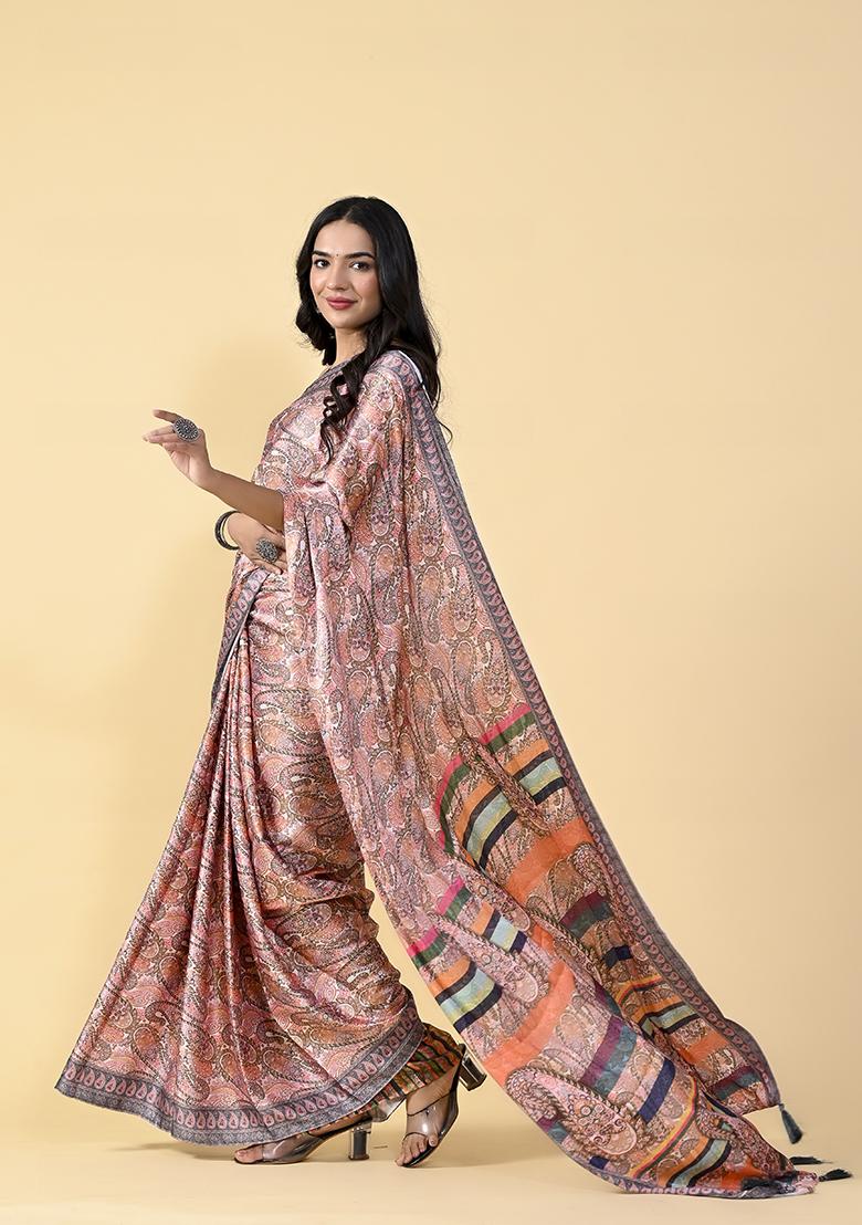 Multicolor Kalamkari Digital Print Satin Silk Saree Set