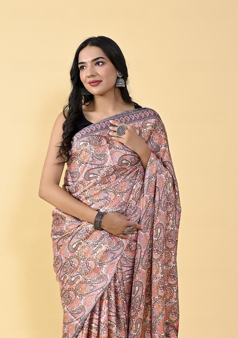 Multicolor Kalamkari Digital Print Satin Silk Saree Set
