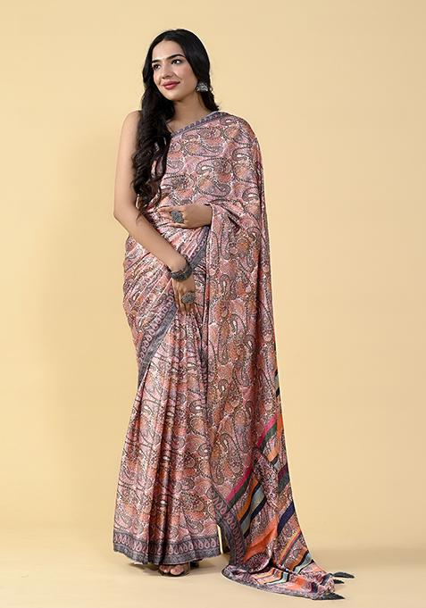 Multicolor Kalamkari Digital Print Satin Silk Saree Set