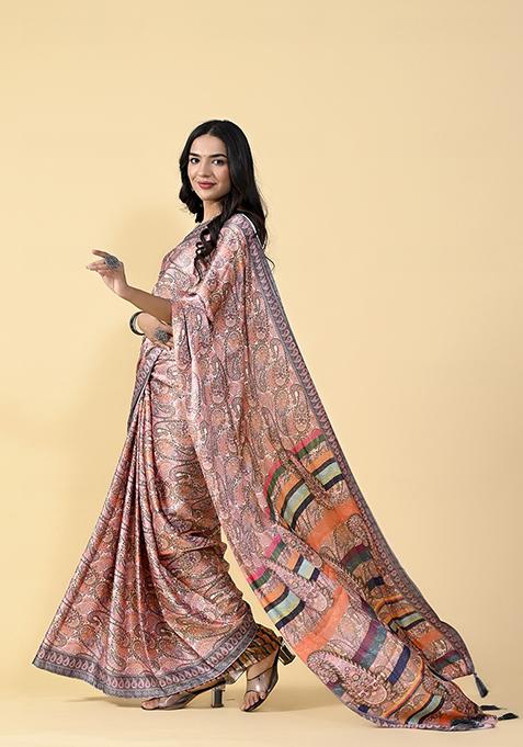 Multicolor Kalamkari Digital Print Satin Silk Saree Set
