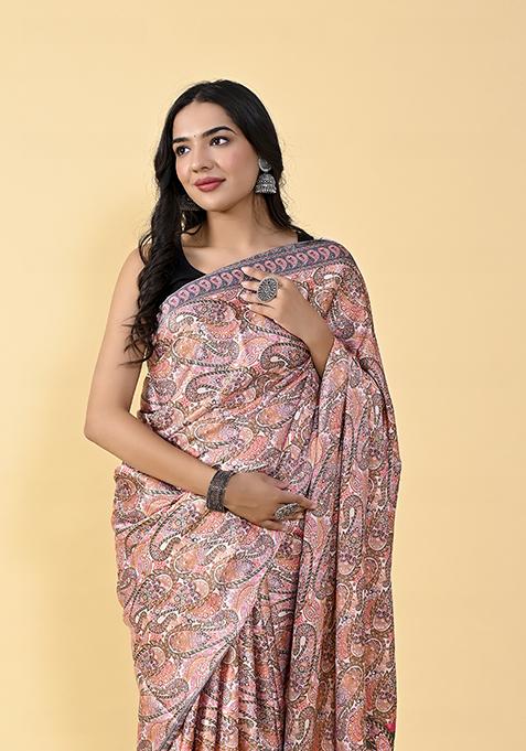 Multicolor Kalamkari Digital Print Satin Silk Saree Set