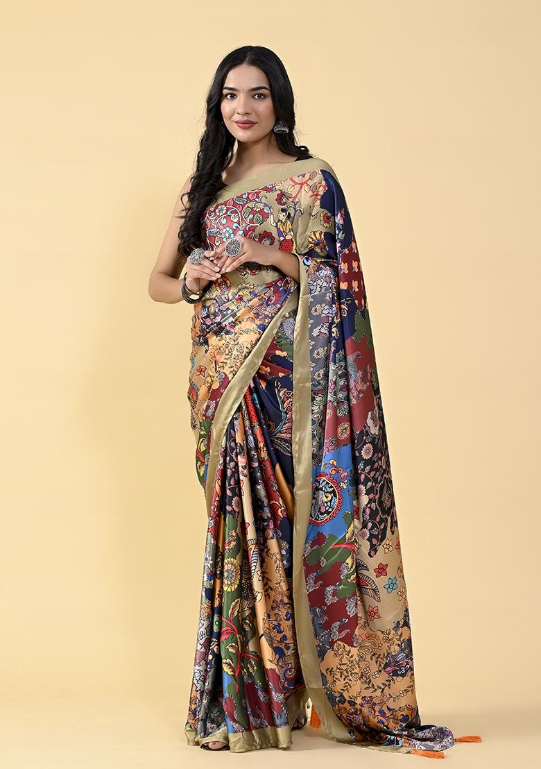 Blue And Black Digital Print Satin Silk Saree Set