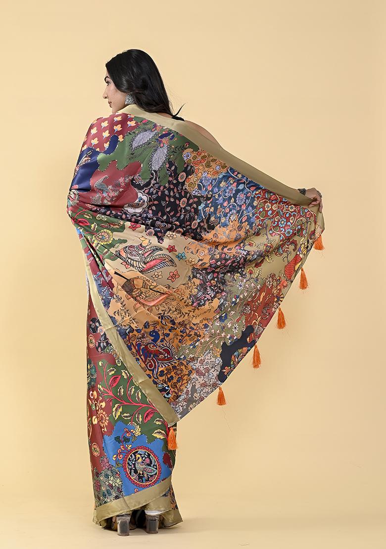 Blue And Black Digital Print Satin Silk Saree Set