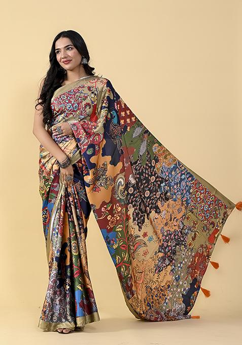 Blue And Black Digital Print Satin Silk Saree Set