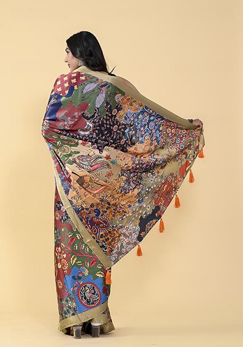 Blue And Black Digital Print Satin Silk Saree Set