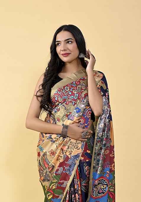 Blue And Black Digital Print Satin Silk Saree Set