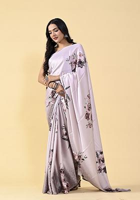 Rose Pink Floral Digital Print Satin Silk Saree Set