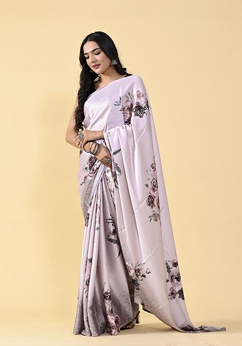 Rose Pink Floral Digital Print Satin Silk Saree Set