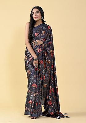 Black Floral Digital Print Satin Silk Saree Set