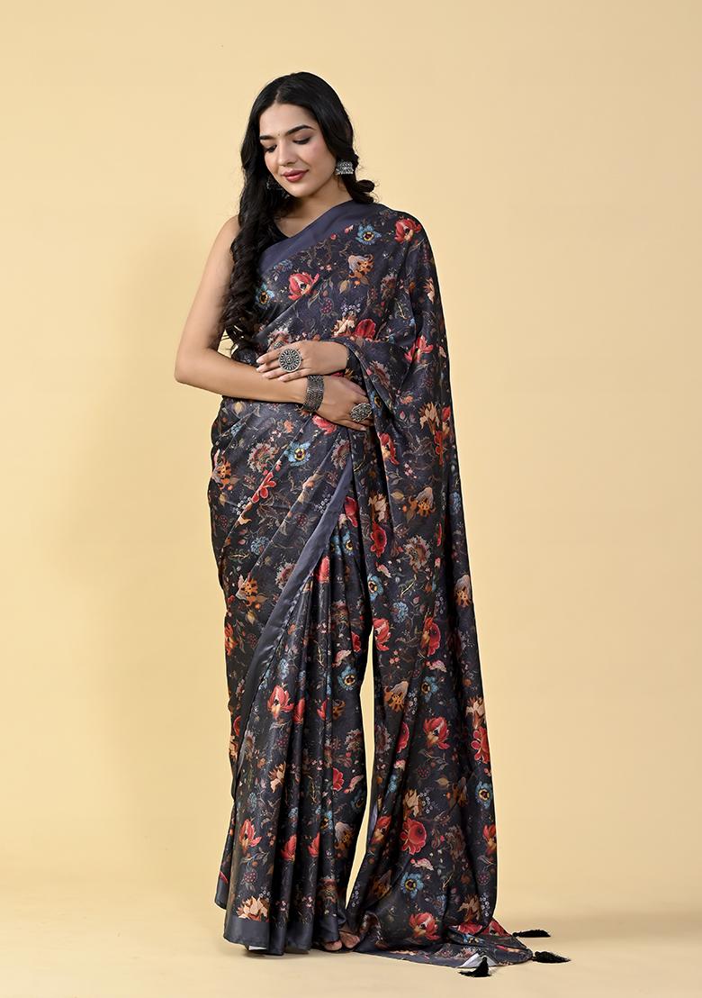 Black Floral Digital Print Satin Silk Saree Set - Indya
