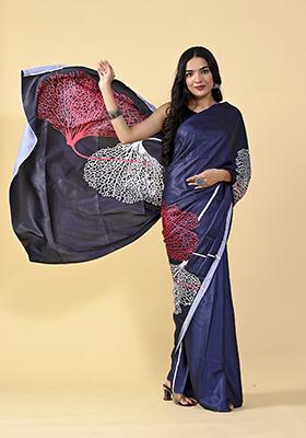 Royal Blue Floral Digital Print Satin Silk Saree Set