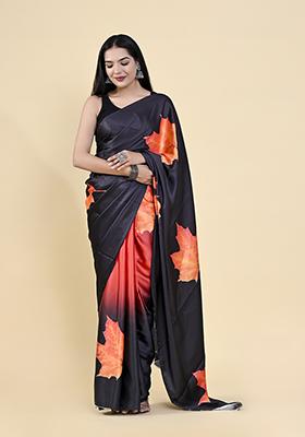Black And Orange Floral Digital Print Satin Silk Saree Set