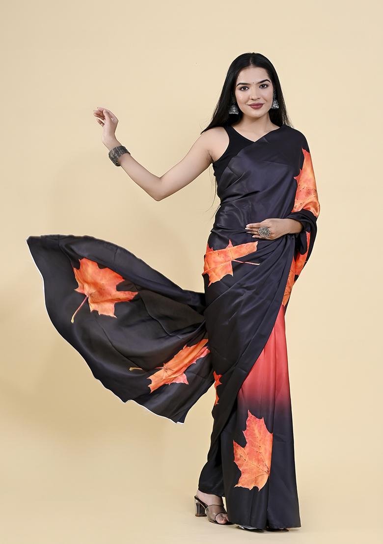 Black And Orange Floral Digital Print Satin Silk Saree Set - Indya