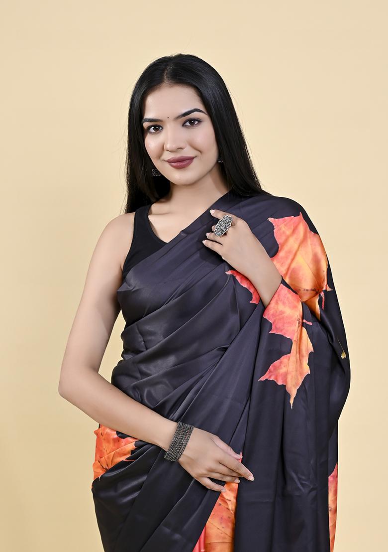 Black And Orange Floral Digital Print Satin Silk Saree Set - Indya