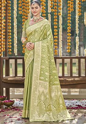 Yellow Woven Silk Saree Set