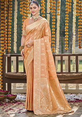 Off Orange Woven Silk Saree Set