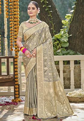 Off Golden Woven Silk Saree Set