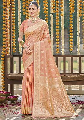 Off Orange Woven Silk Saree Set