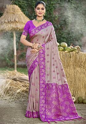 Purple Woven Silk Saree Set