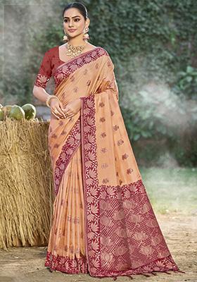 Off Orange Woven Silk Saree Set