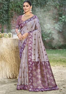 Grey Woven Silk Saree Set