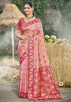 Orange Woven Silk Saree Set