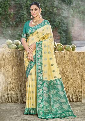 Yellow Woven Silk Saree Set