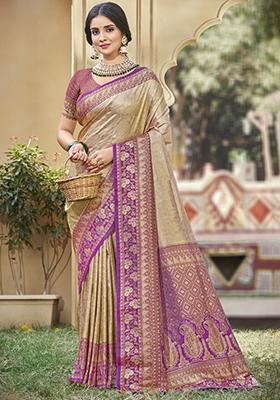 Off Golden Woven Banarasi Silk Saree Set
