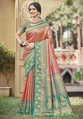 Orange Woven Banarasi Silk Saree Set