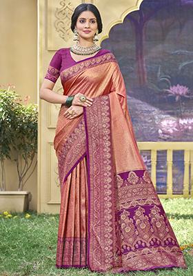 Off Orange Woven Banarasi Silk Saree Set