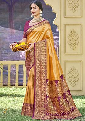 Golden Woven Banarasi Silk Saree Set